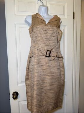 David Meister Strapless Textured Tan & Butter Yellow Belted Sheath Dress Sz 8
